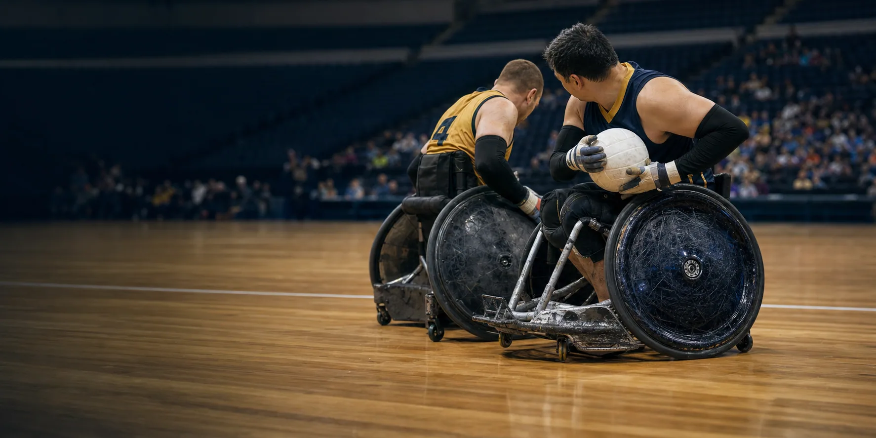 Two wheelchair rugby athletes contest possession on an indoor court.