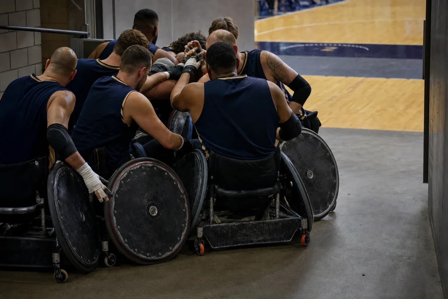 Wheelchair rugby athletes gather in a team huddle before entering the court.